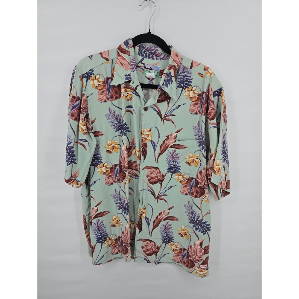 Reyn Spooner Hawaiian Shirt Mens Large Sage Green Floral Rayon Button Up Hawaii